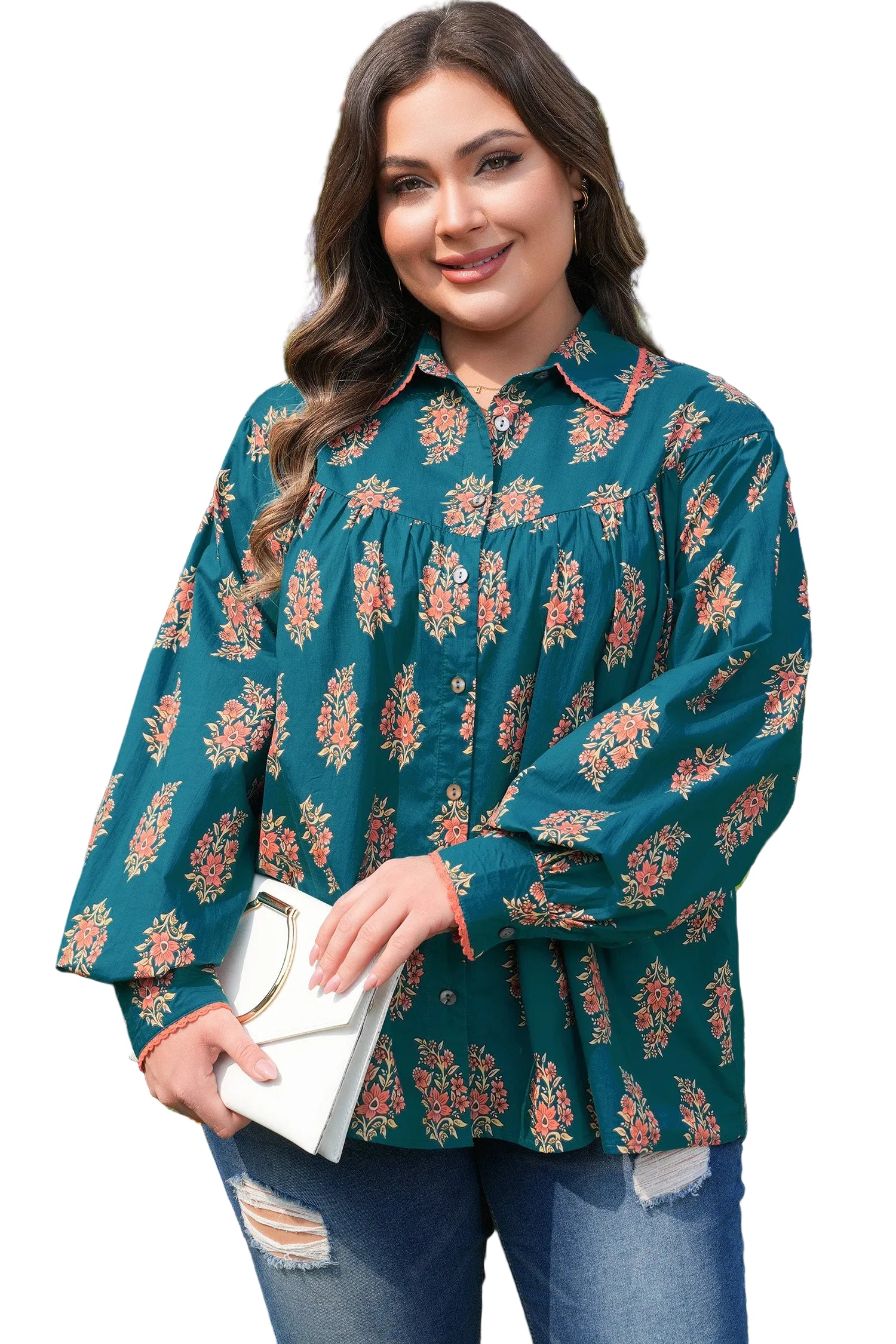 Green Plus Size Floral Print Contrast Lacy Trim Pleated Loose Shirt