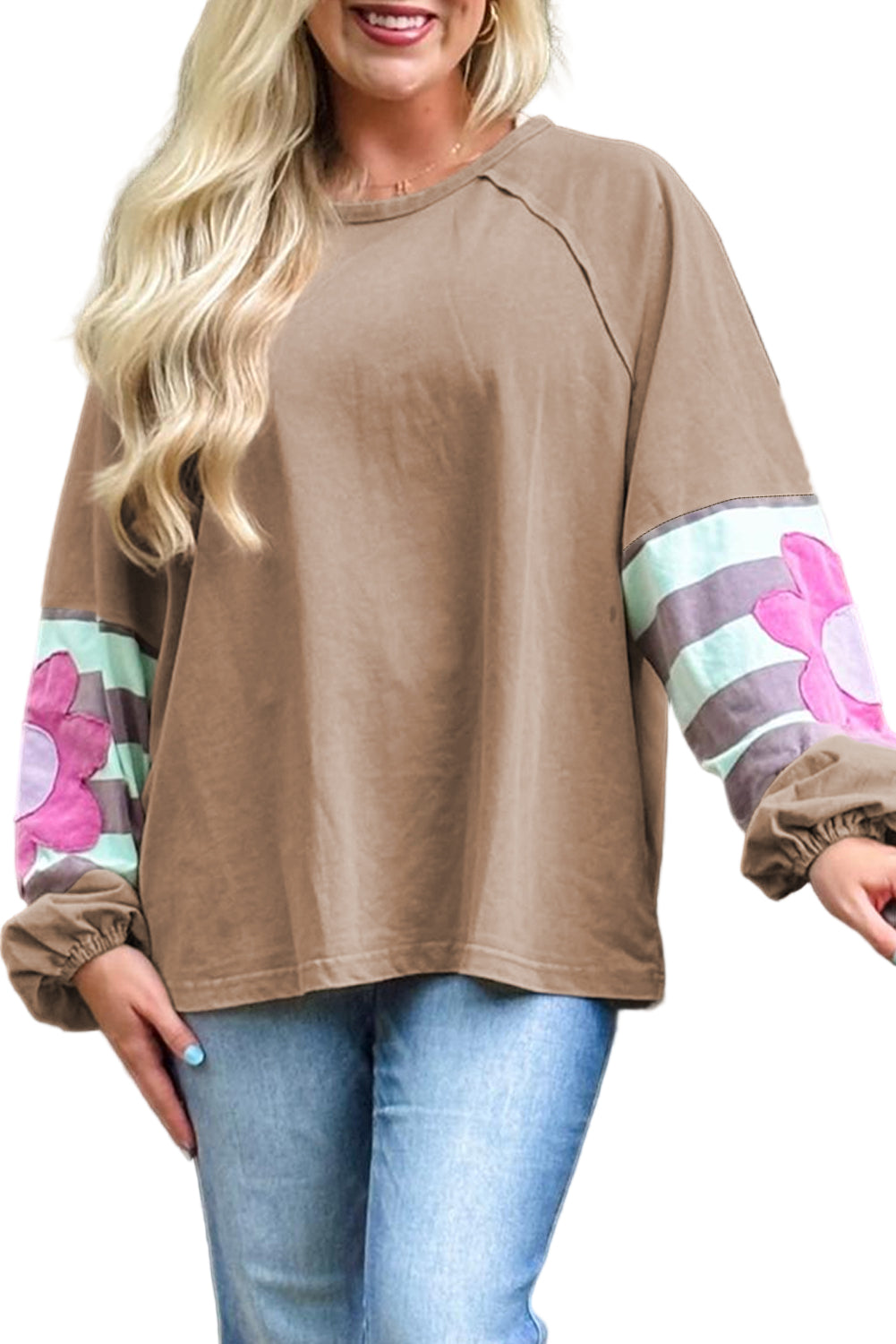 Light French Beige Flower Striped Patchwork Puff Sleeve Loose Sweatshirt