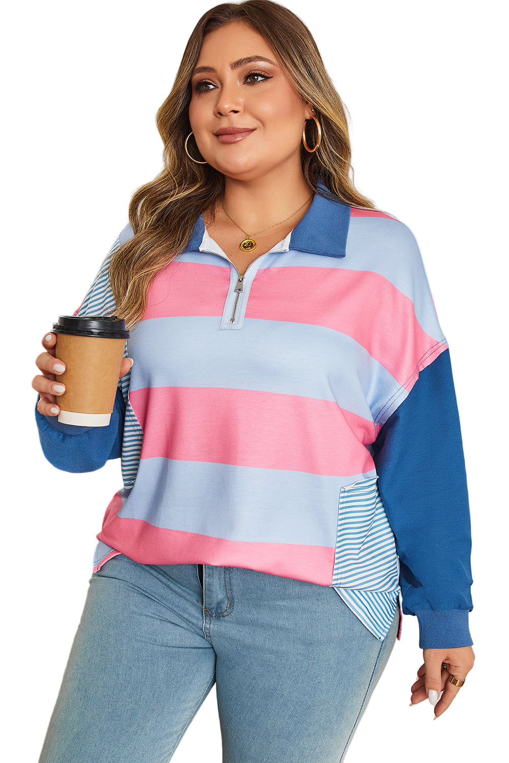 Blue Stripe Colorblock Patchwork Zip up Plus Size Pullover