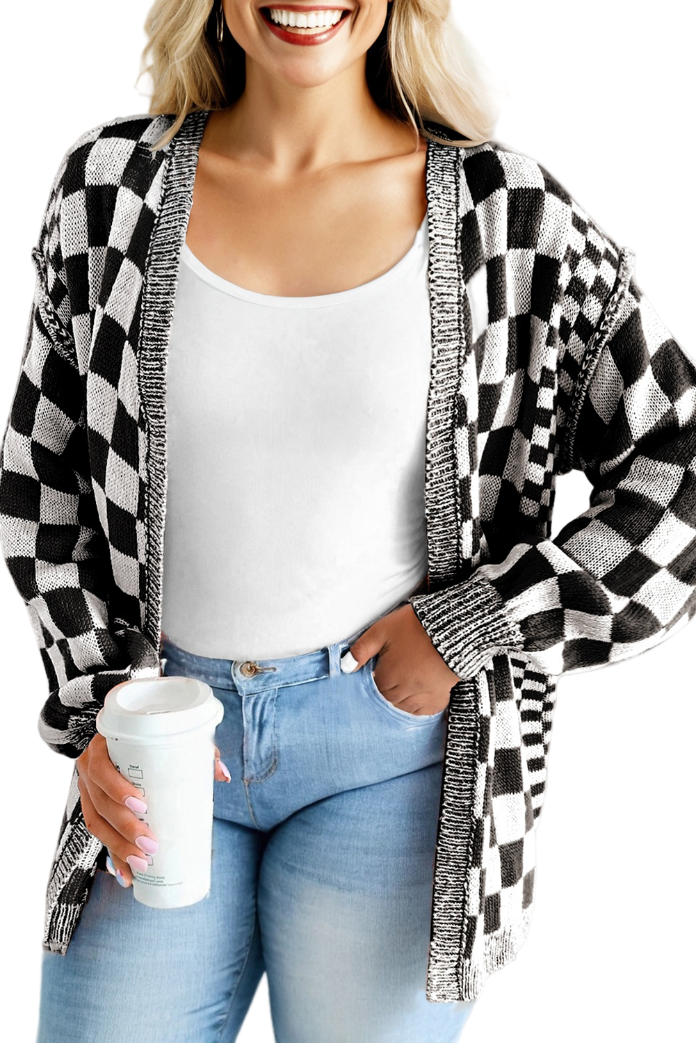 Orange Plus Size Checkered Bubble Sleeve Drop Shoulder Open Cardigan