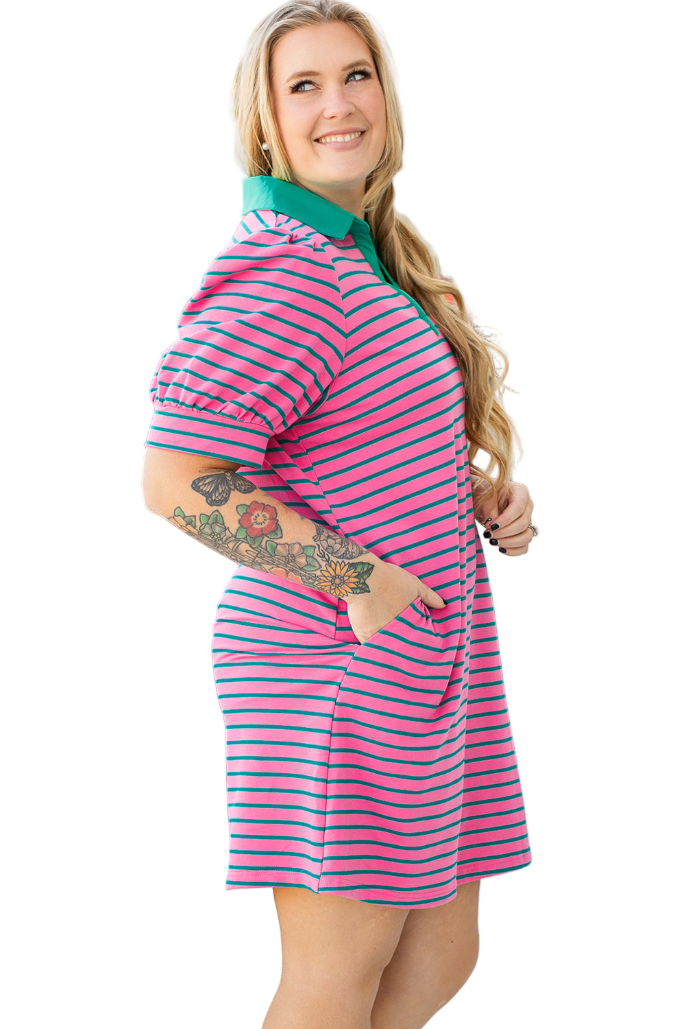 Rose Stripe Collared V Neck Puff Sleeve Shift T Shirt Dress with Pockets