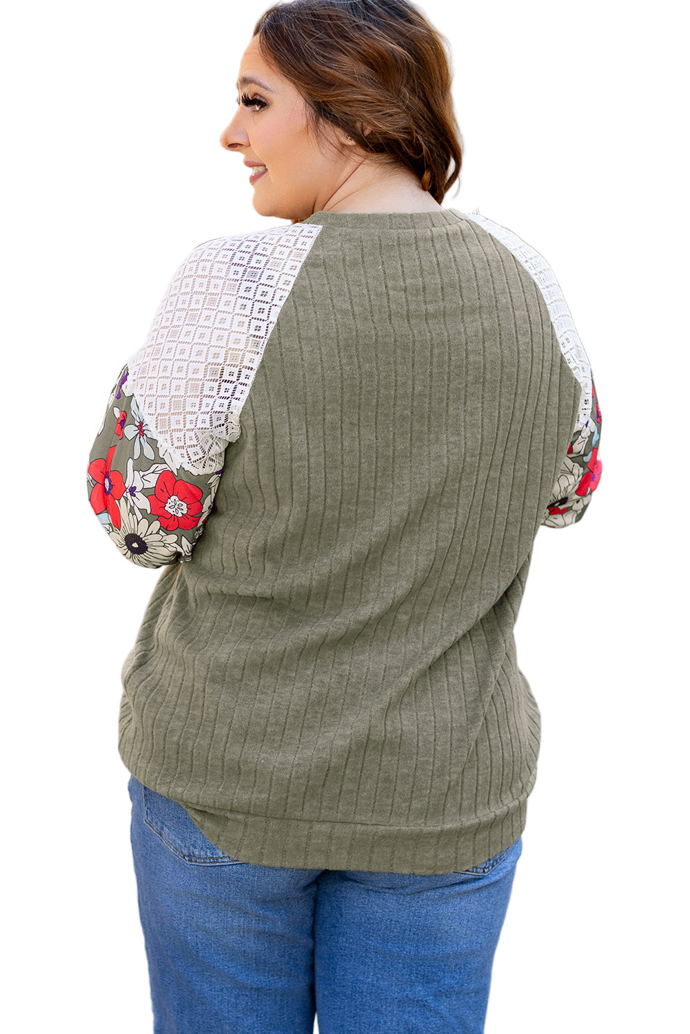 Vineyard Green Plus Size Textured Floral Patchwork Raglan Sleeve Top