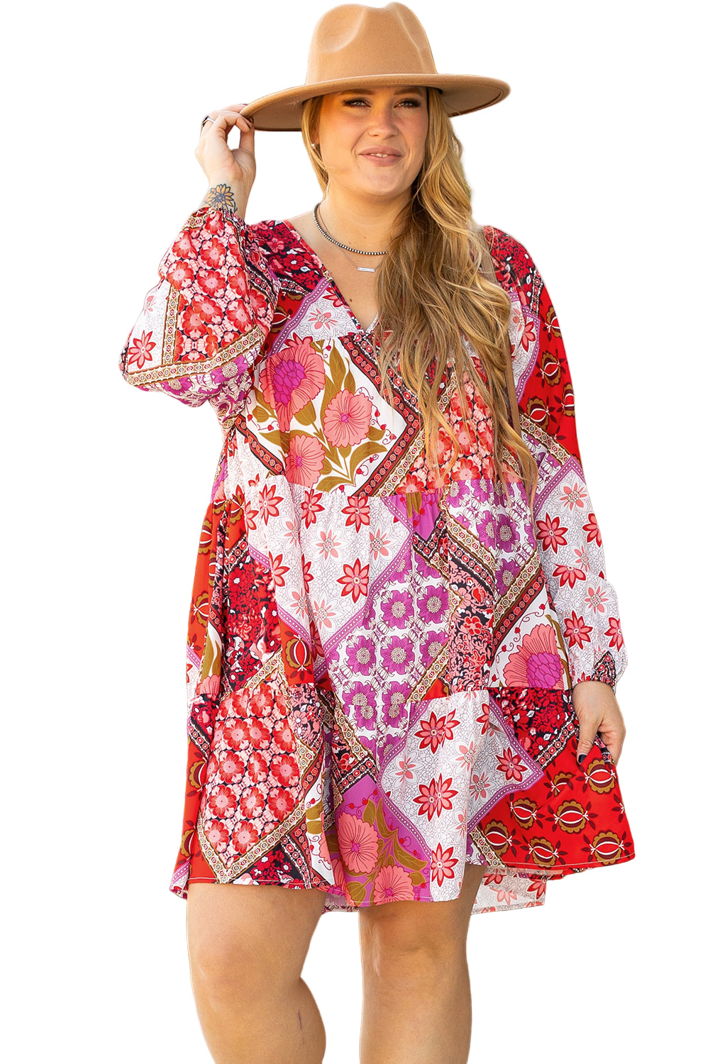 Rose Mixed Floral Long Sleeve V Neck Lace-up Hollowed Back Plus Size Dress