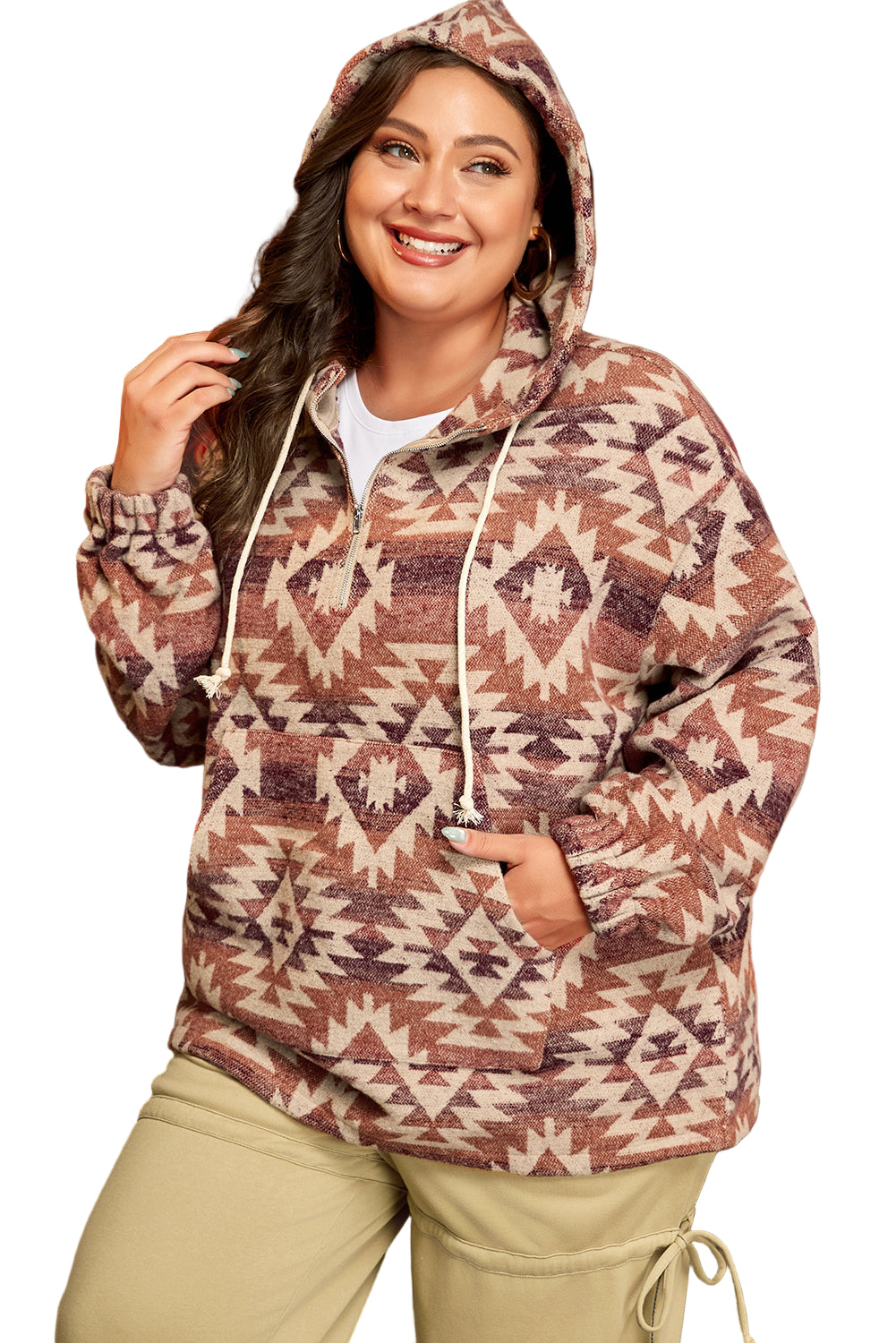 Red Plus Size Western Fashion Aztec Patterned Half Zip High Neck Hoodie