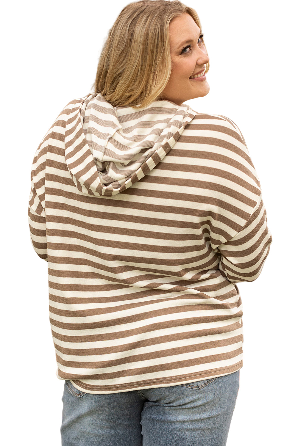 Brown Stripe Quarter Buttons Drop Sleeve Plus Size Hoodie