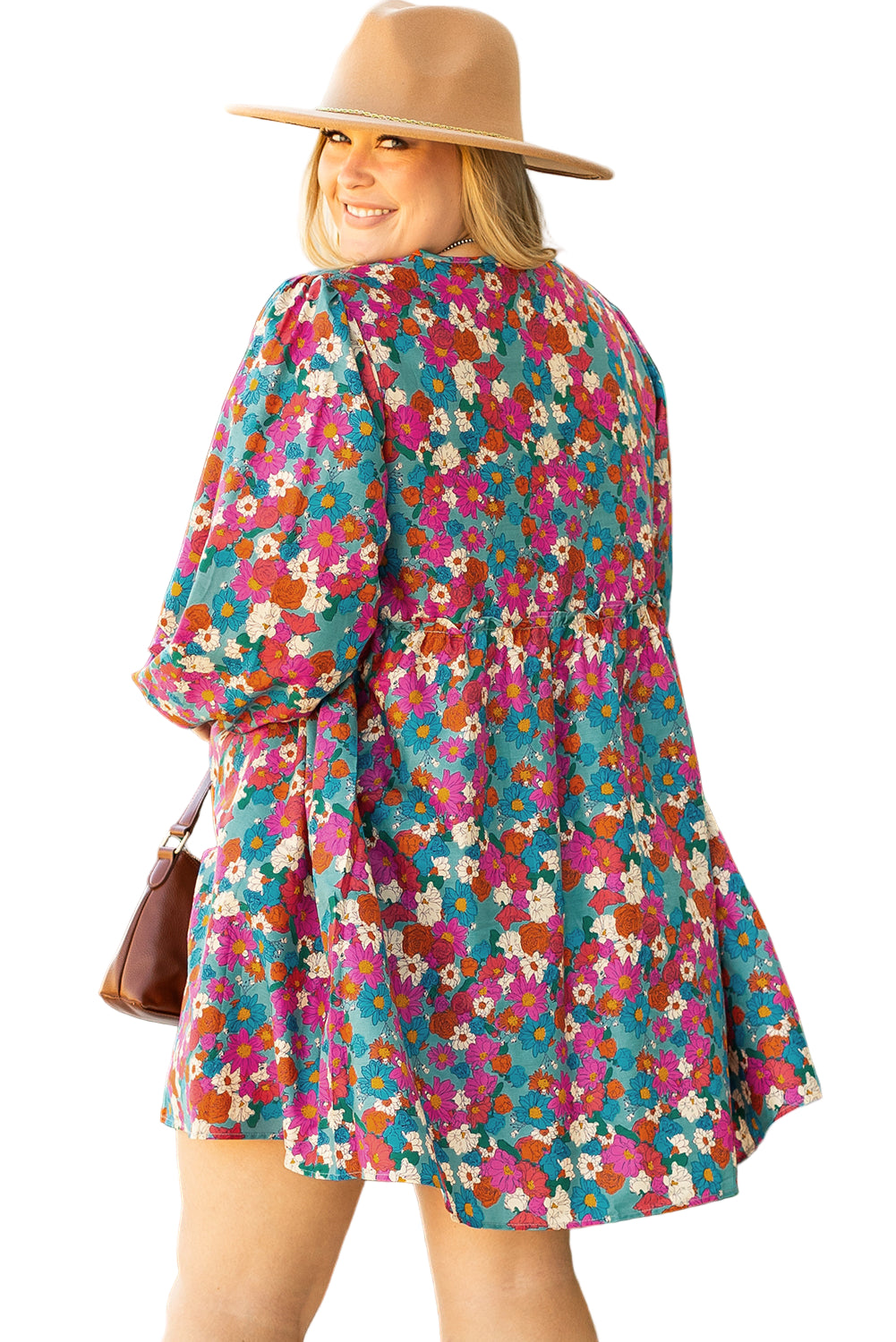 Sky Blue Plus Size Floral Print Shirred Ruffle Tiered Mini Dress