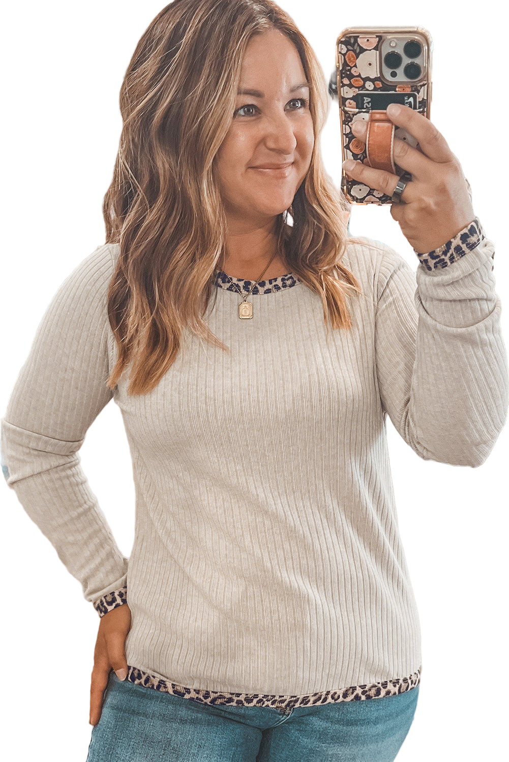 Parchment Ribbed Contrast Leopard Edge Round Neck Plus Size Top