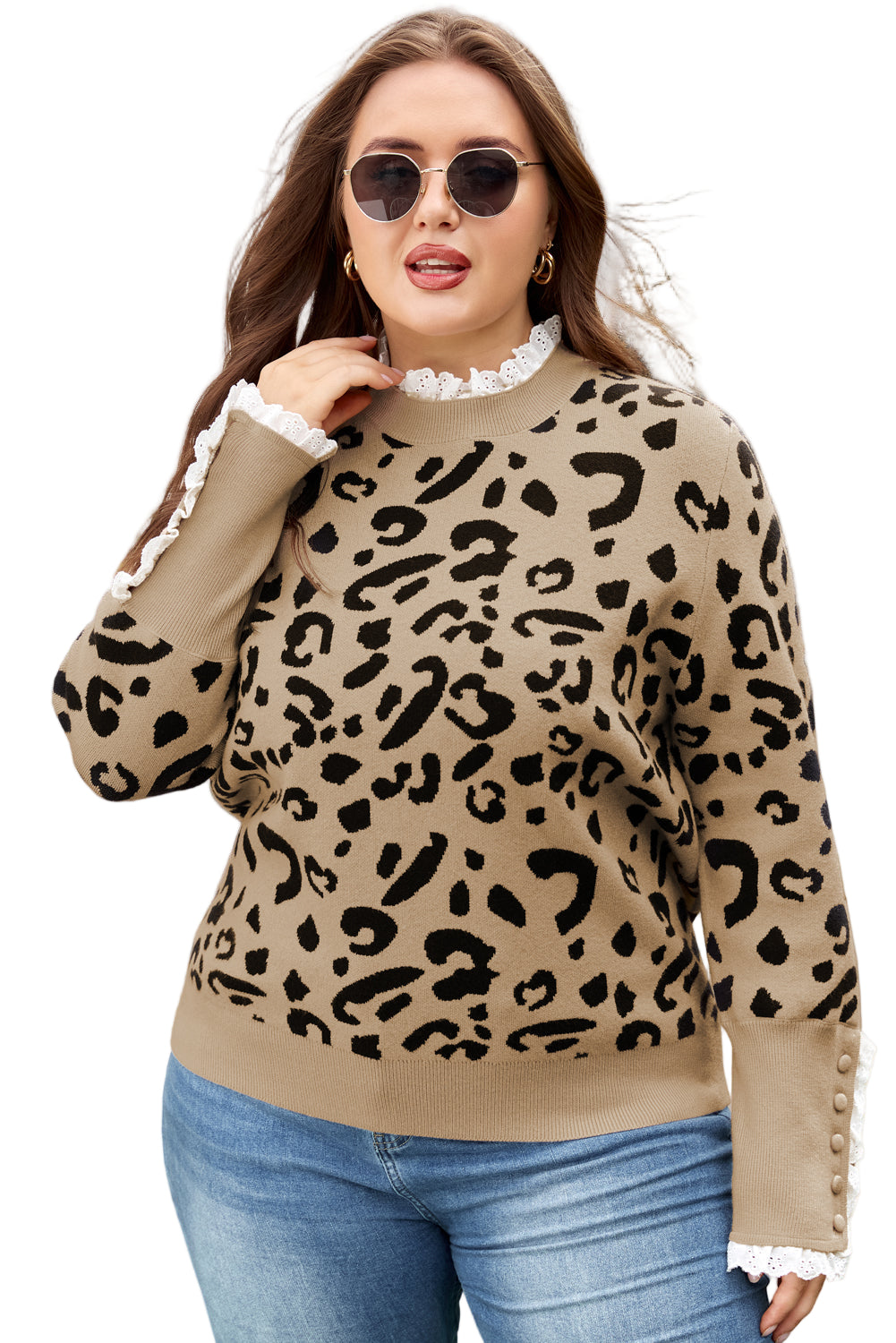 Brown Leopard Knitted Lacy Trim Cuffed Plus Size Sweater