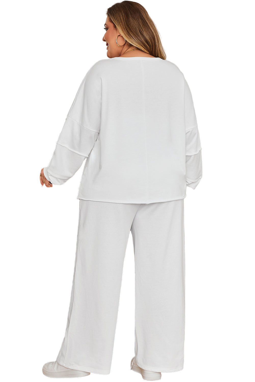White Textured Raw Seam Plus Size Pullover Top and Drawstring Pants Set