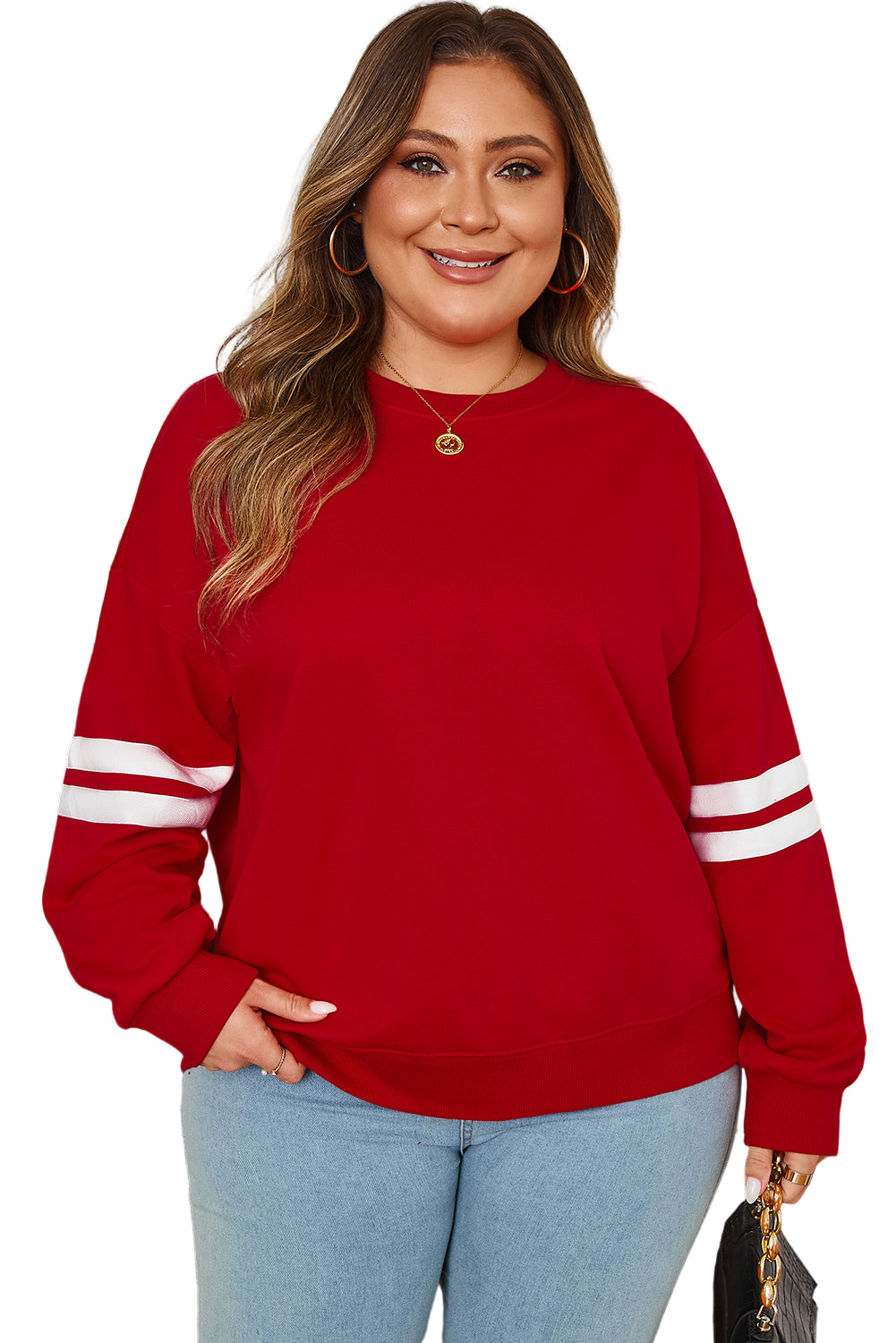 Fiery Red Varsity Striped Detail Crew Neck Plus Sweatshirt