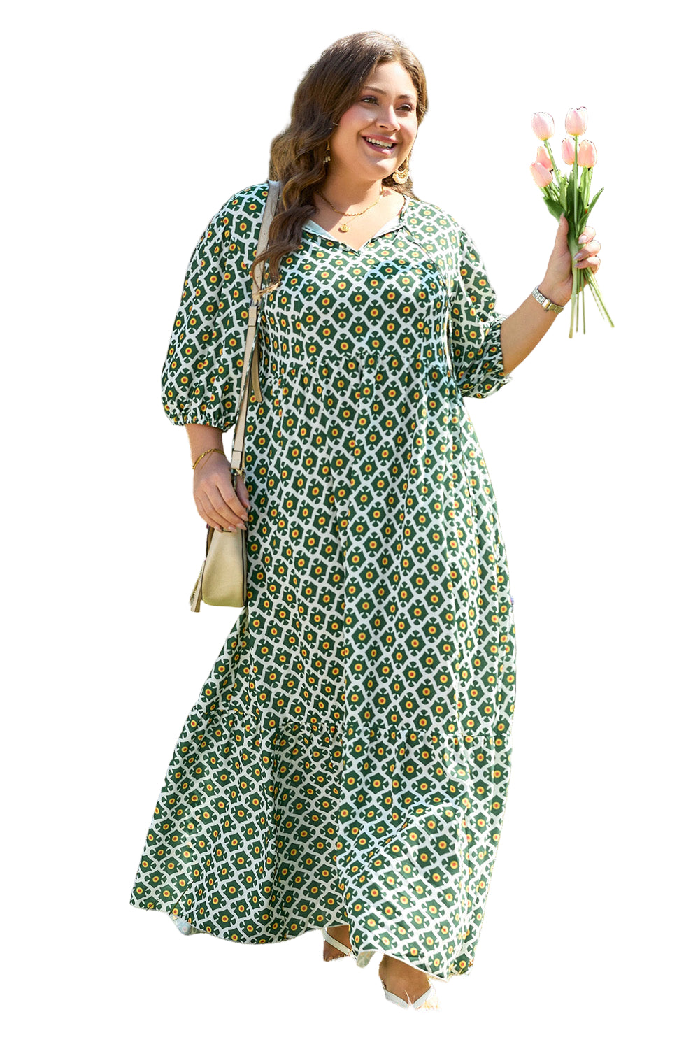 Green Geometric Floral Print Half Sleeve Plus Size Maxi Dress