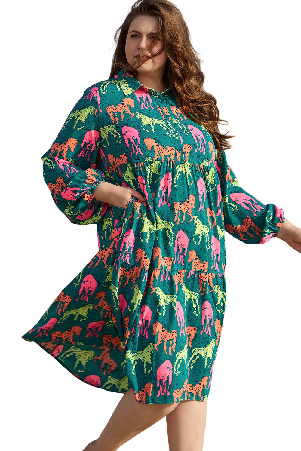 Green Horse Printed Long Sleeve Collared Buttoned Plus Size Midi Dress