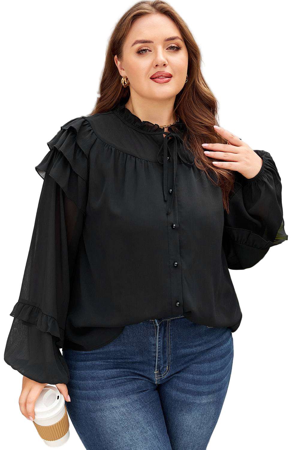 Black Ruffle Balloon Sleeve Chiffon Elegant Plus Size Shirt