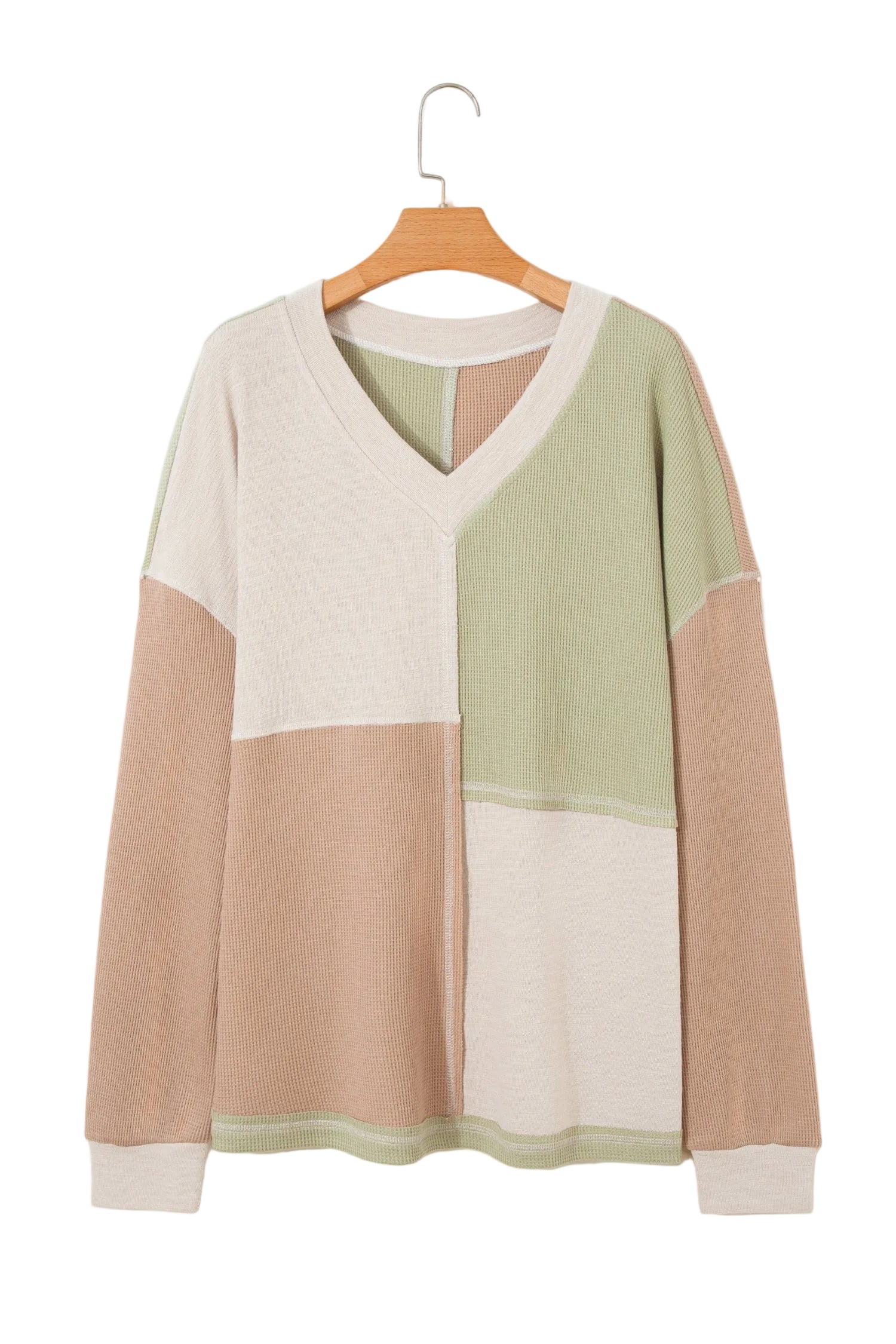 Green Plus Mixed Texture Color Block Patchwork V Neck Long Sleeve Top