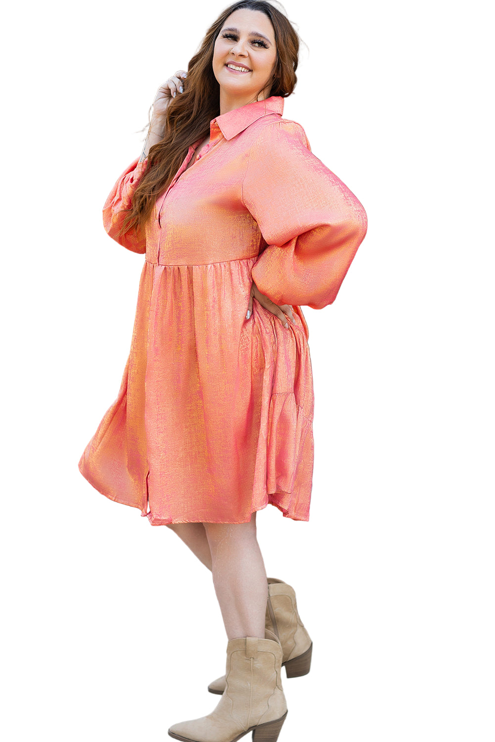 Peach Blossom Metallic Balloon Sleeve Shirt Plus Size Mini Dress