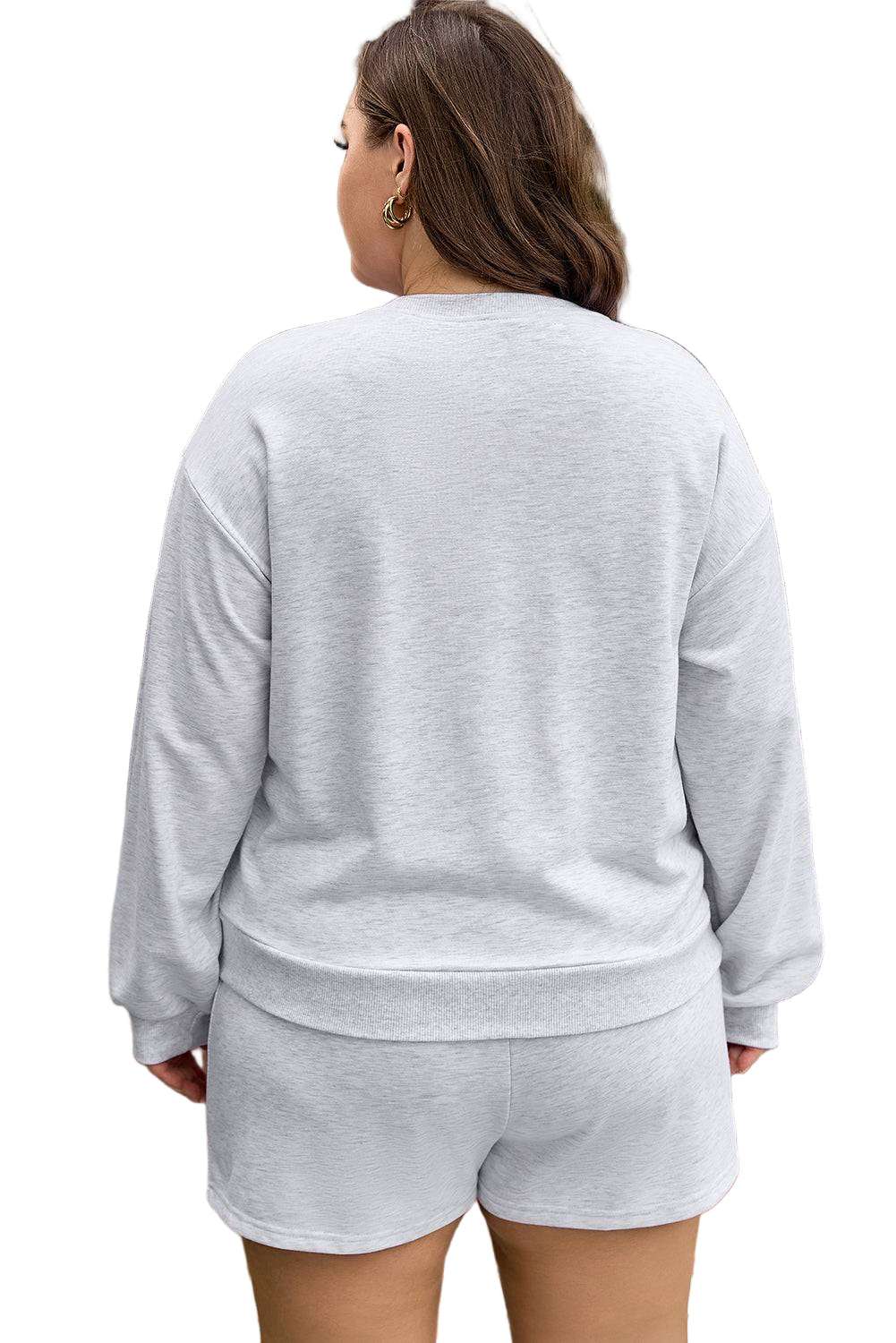 Light Grey Girly Bow Embroidered Puff Sleeve Pullover Loose Shorts Plus 2pcs Outfit