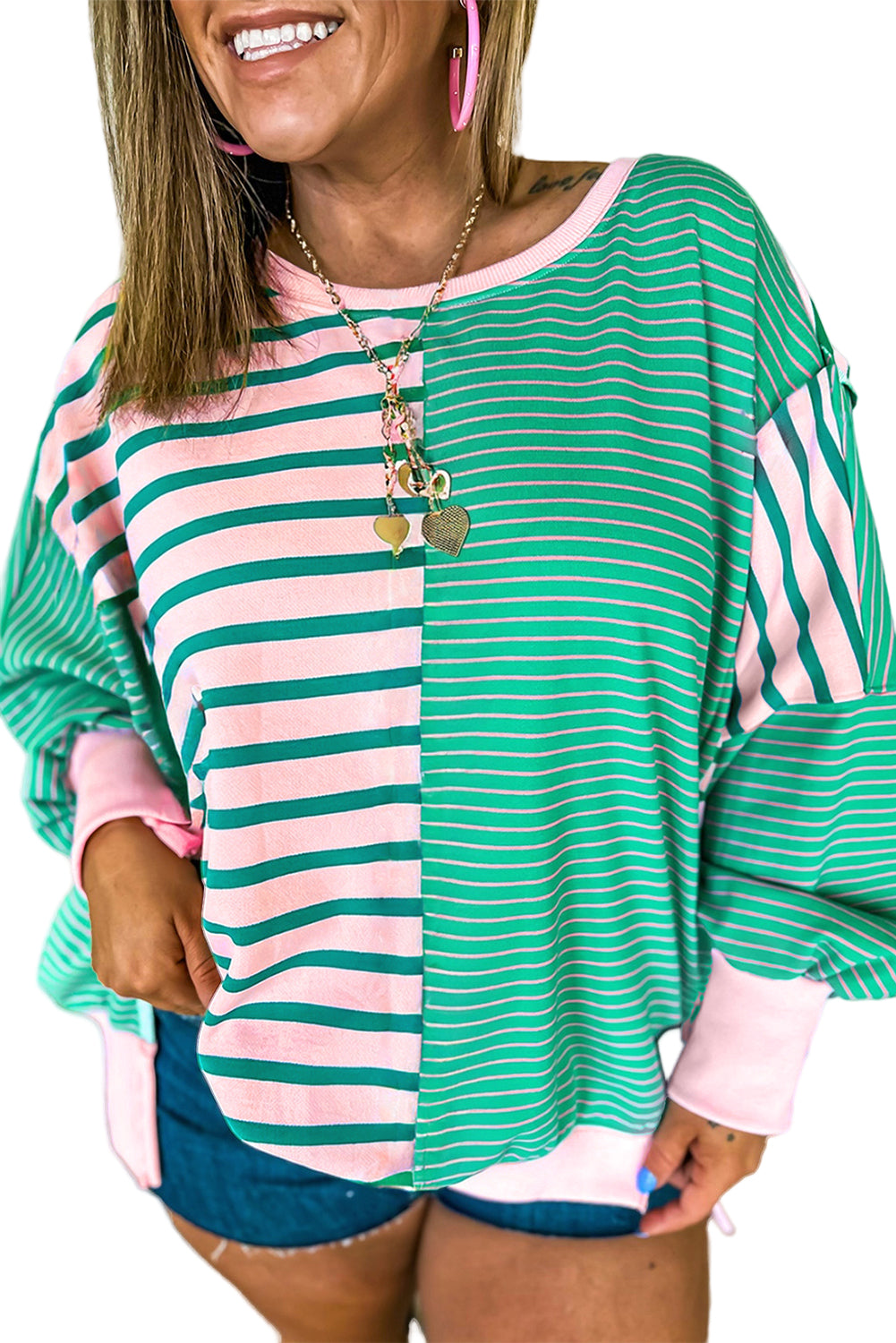 Green Stripe Colorblock Patchwork Side Slit Plus Size Sweatshirt