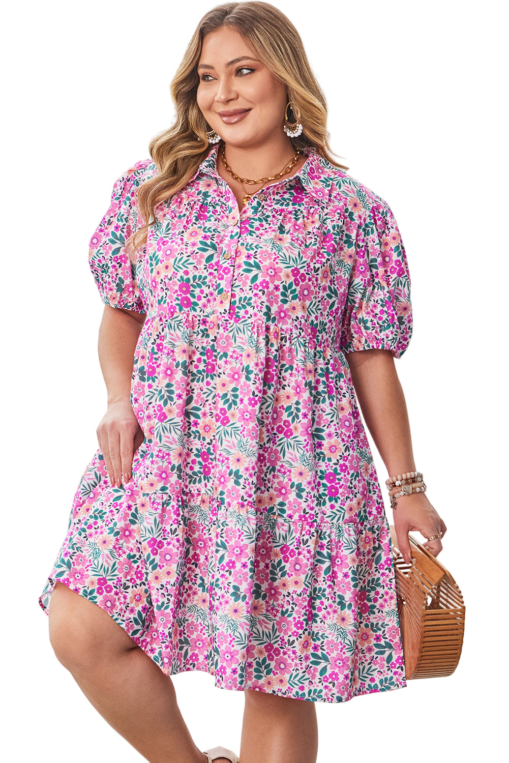 Pink Plus Size Floral Half Button Short Puff Sleeve A-line Dress