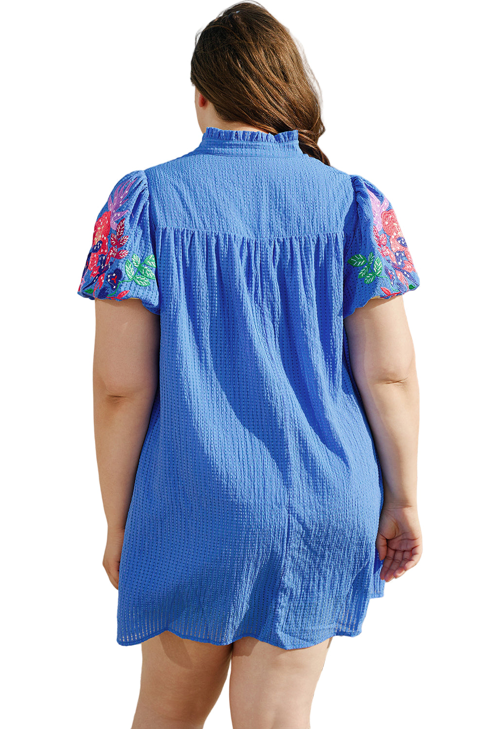 Sky Blue Plus Size Floral Embroidered Puff Sleeve Gingham Mini Dress