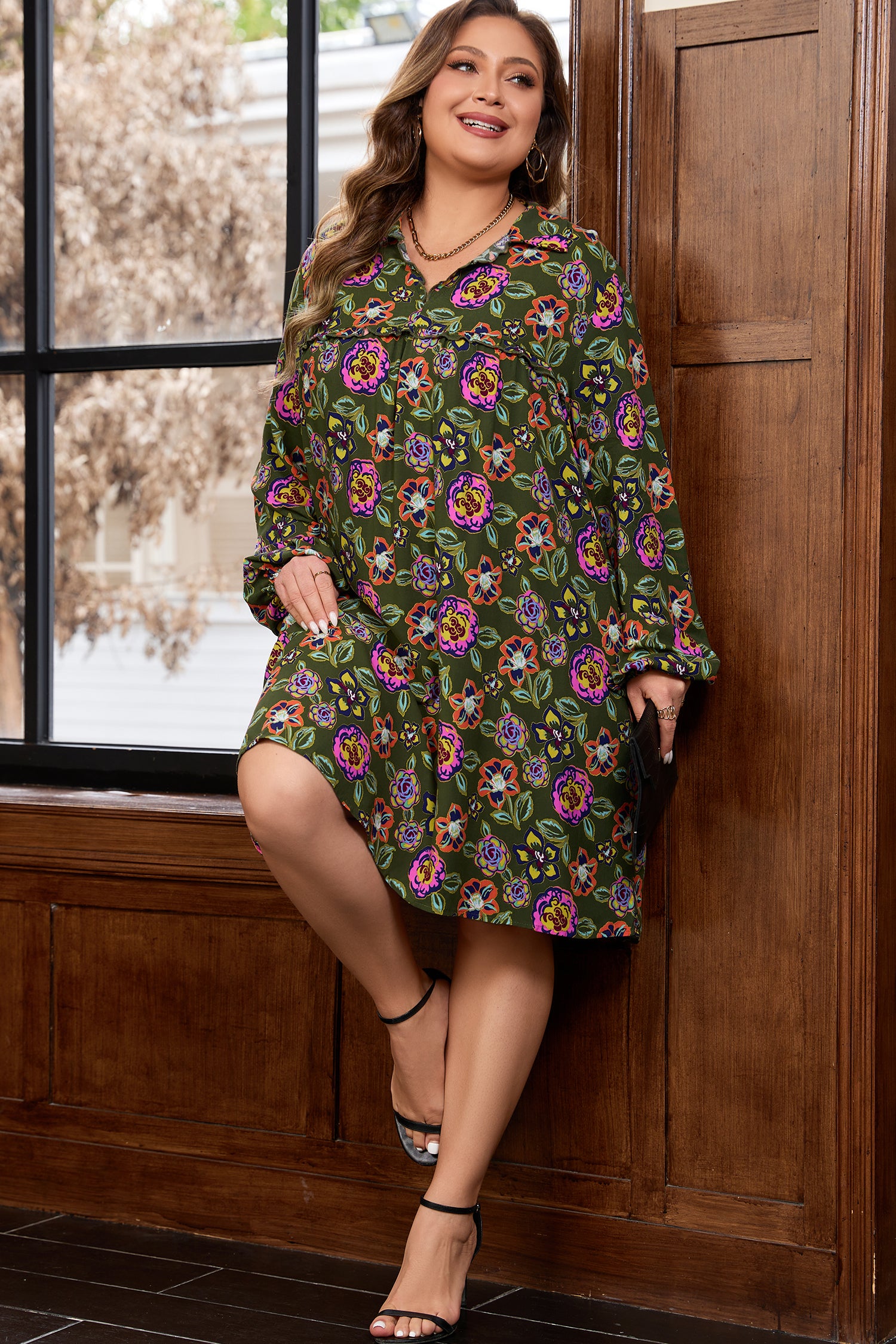 Green Plus Size Floral Print Collared V Neck Loose Mini Dress