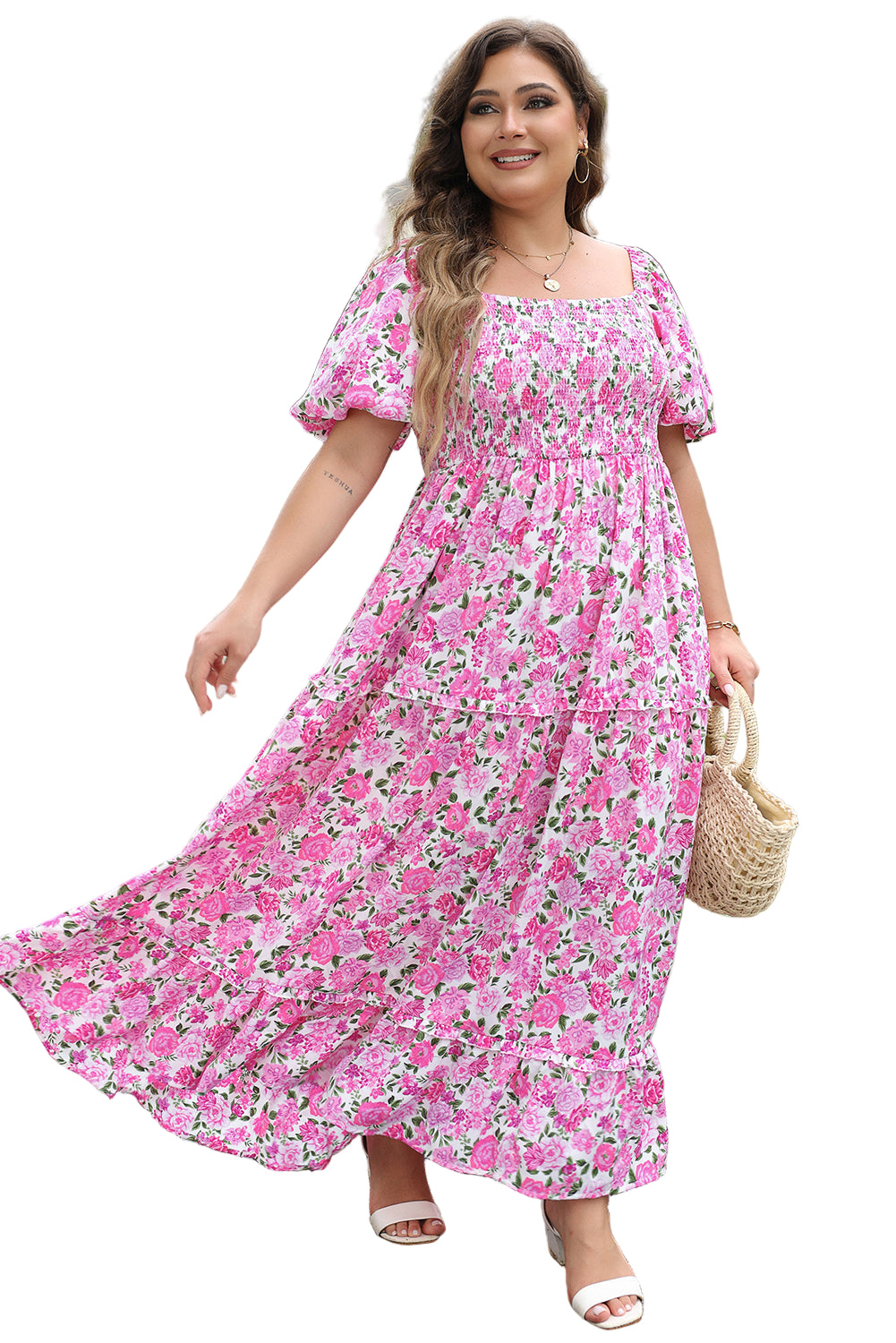 Pink Plus Size Floral Print Smocked Puff Sleeve Dress