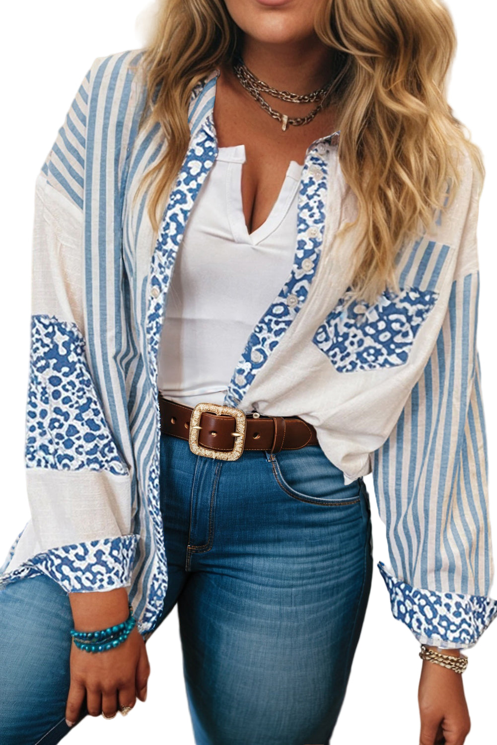 Sky Blue Leopard Striped Patchwork Casual Plus Shirt