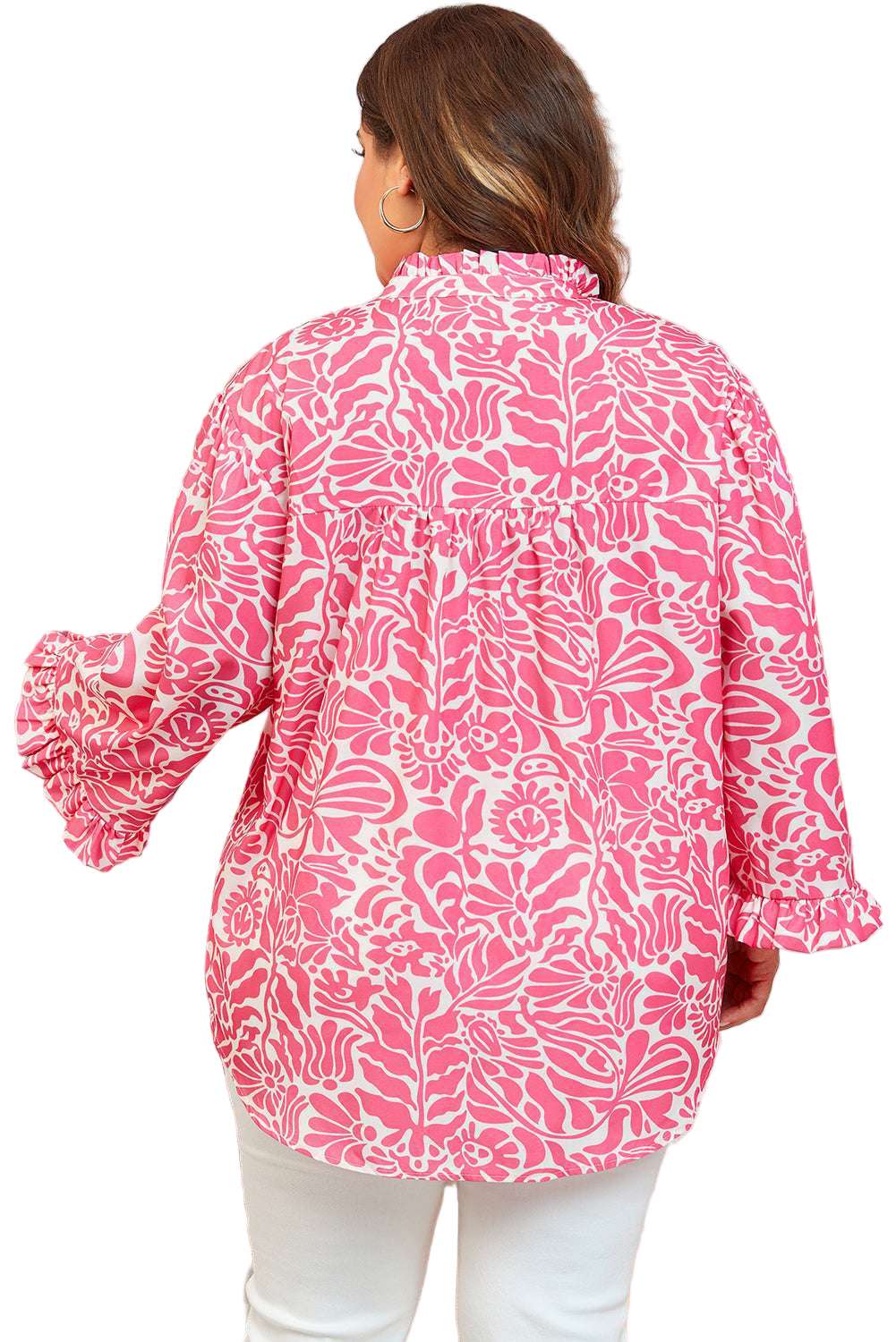 Pink Plus Size Floral Print Frilled Neck Puff Sleeve Top