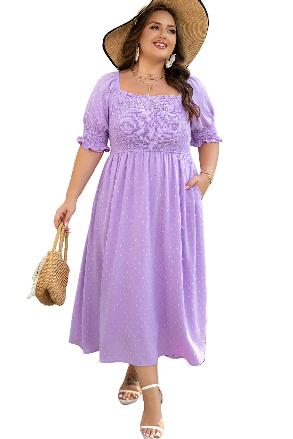 Wisteria Swiss Dot Smocked Frilled Neckline Short Sleeve Plus Size Dress