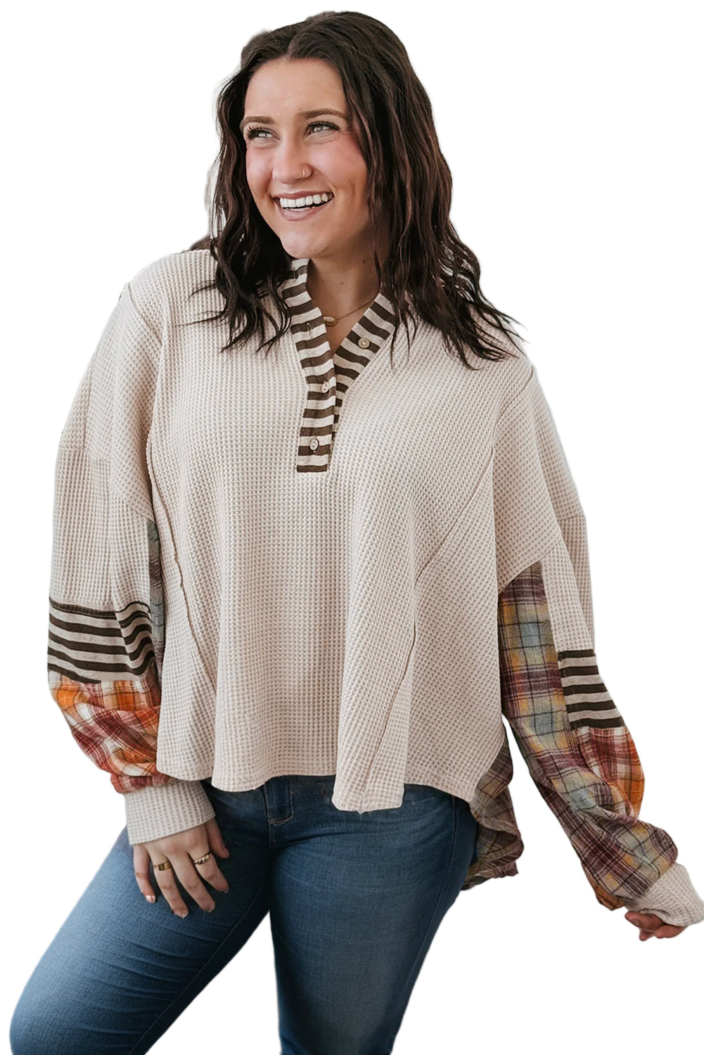 Parchment Plus Size Waffle Striped Plaid Patchwork Henley Pullover