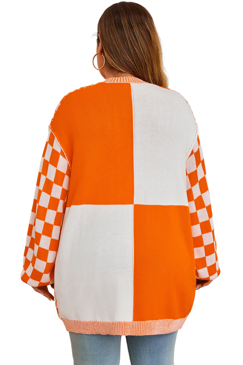Orange Plus Size Checkered Bubble Sleeve Drop Shoulder Open Cardigan