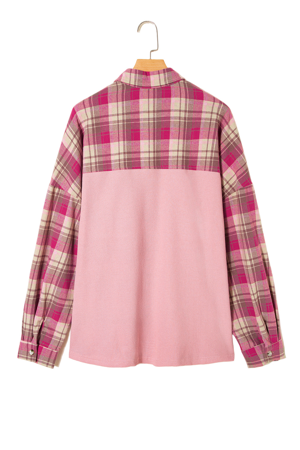 Pink Waffle Patch Pocket Plaid Patchwork Plus Size Shirt