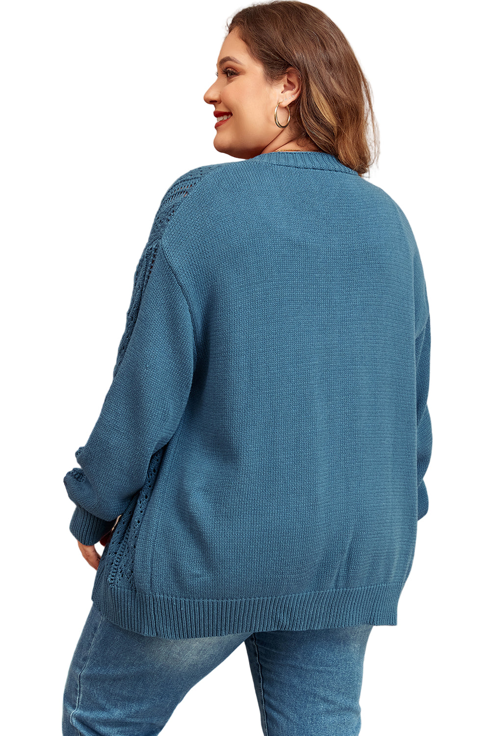 Real Teal Open Knit V Neck Button Front Drop Shoulder Plus Size Cardigan