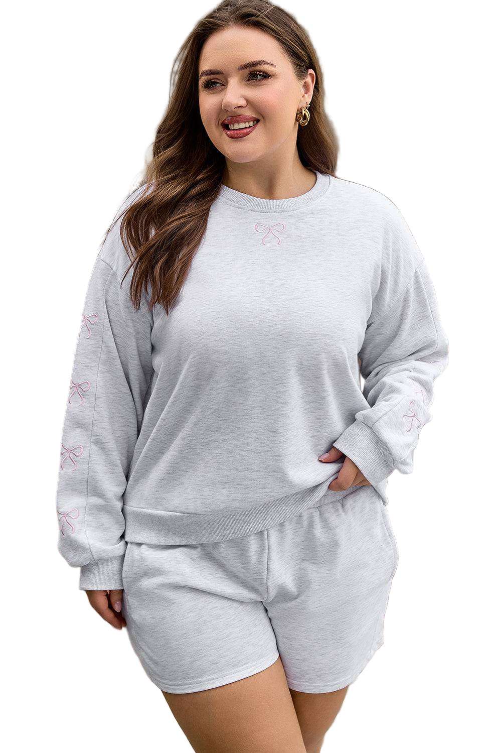 Light Grey Girly Bow Embroidered Puff Sleeve Pullover Loose Shorts Plus 2pcs Outfit