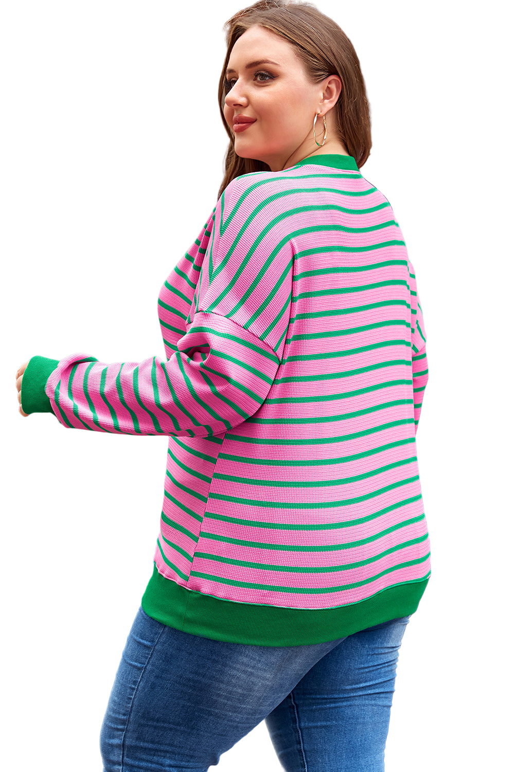 Pink Stripe Waffle Knit Crew Neck Plus Size Sweatshirt