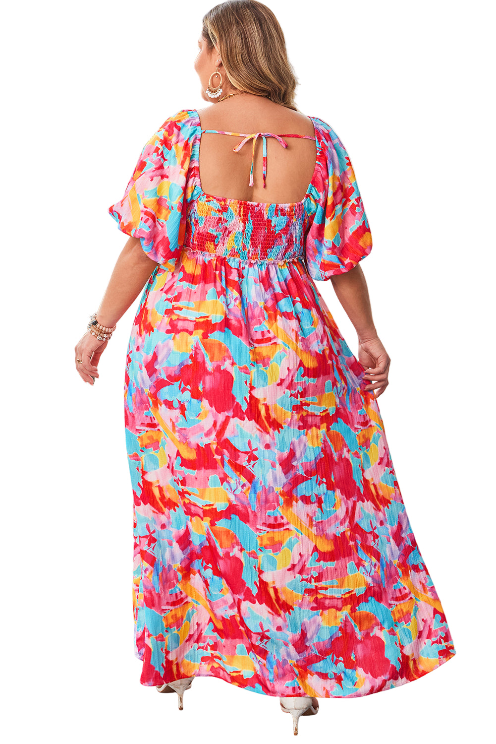 Rose Abstract Printed Puff Sleeve Square Neck Smocked Bust Tied Back Plus Size Dress