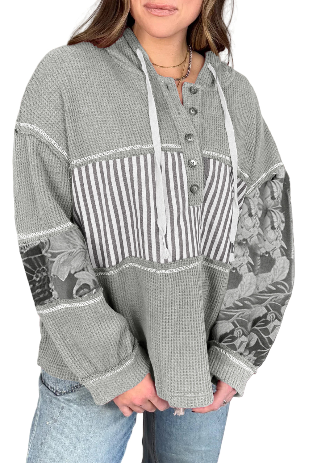 Gray Mixed Waffle Knit Patchwork Henley Plus Size Hoodie