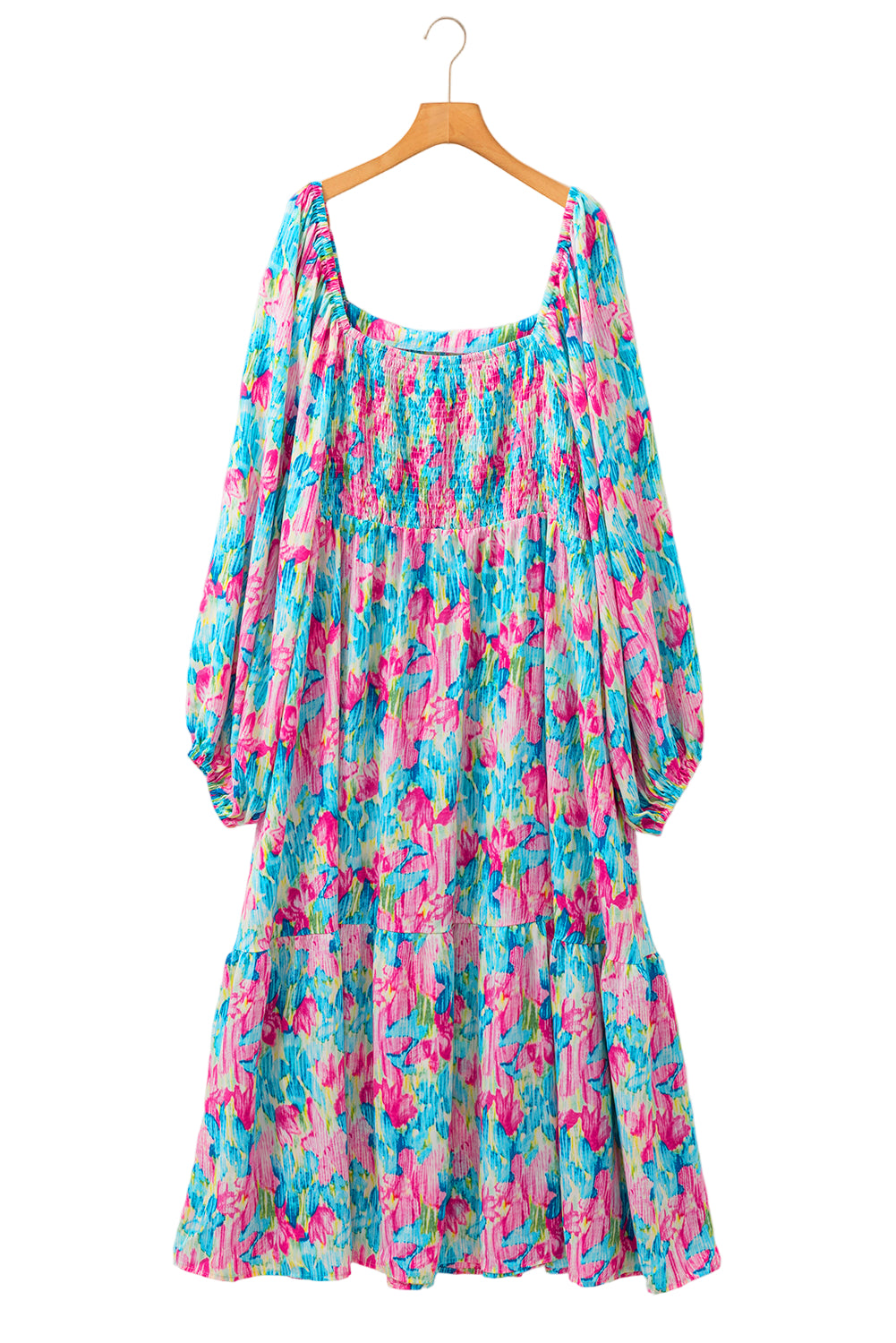 Sky Blue Floral Allover Print Shirred Square Neck Plus Size Maxi Dress