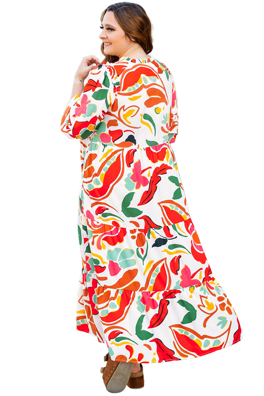 Orange Floral Print Drawstring V Neck Tiered Plus Size Dress