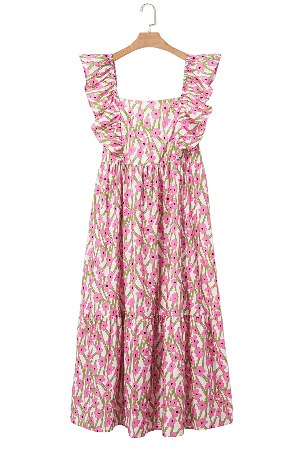 Pink Plus Size Ruffle Trim Square Neck High Waist Floral Maxi Dress