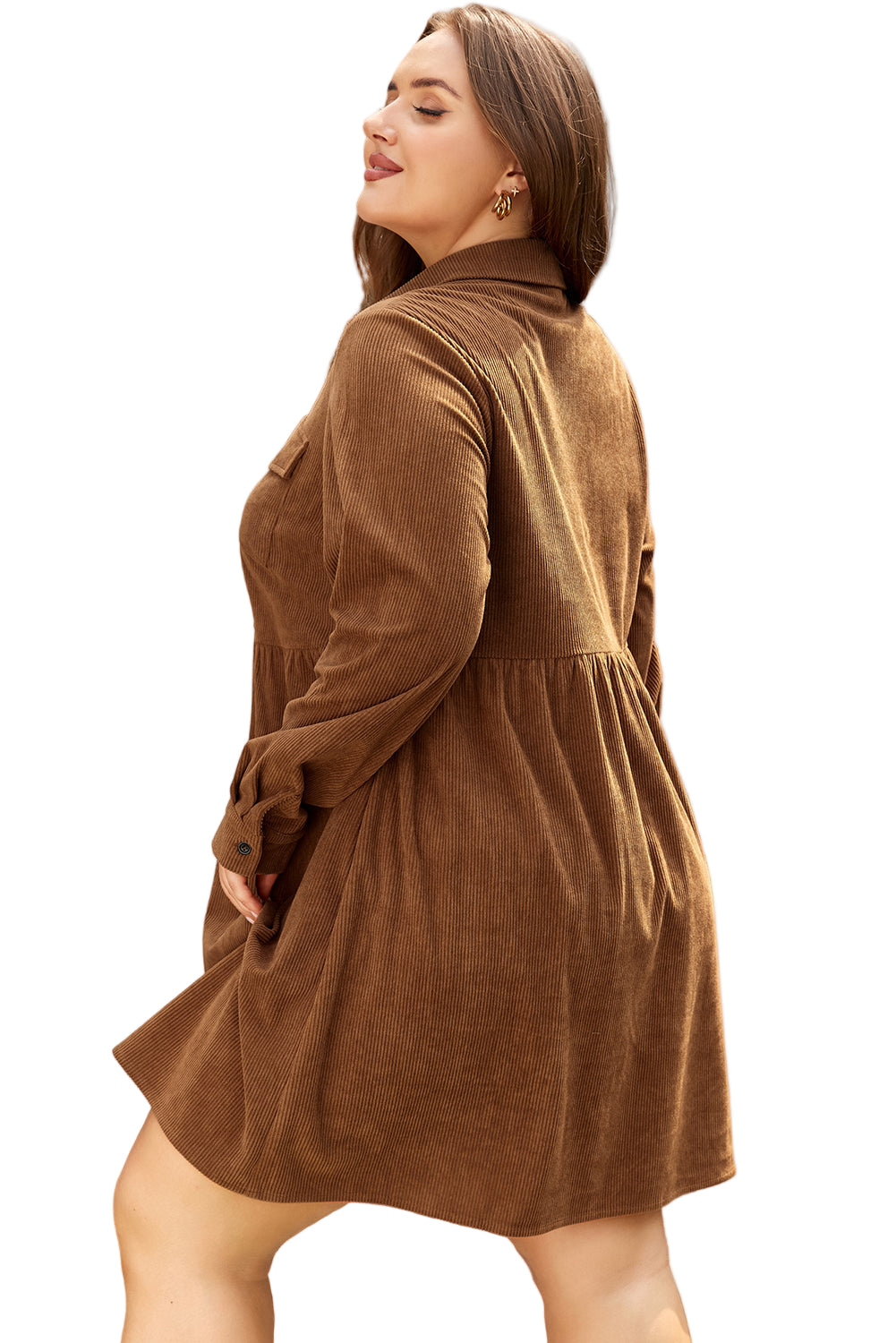 Camel Corduroy Full Buttoned Collared Shirt Style Plus Size Dress