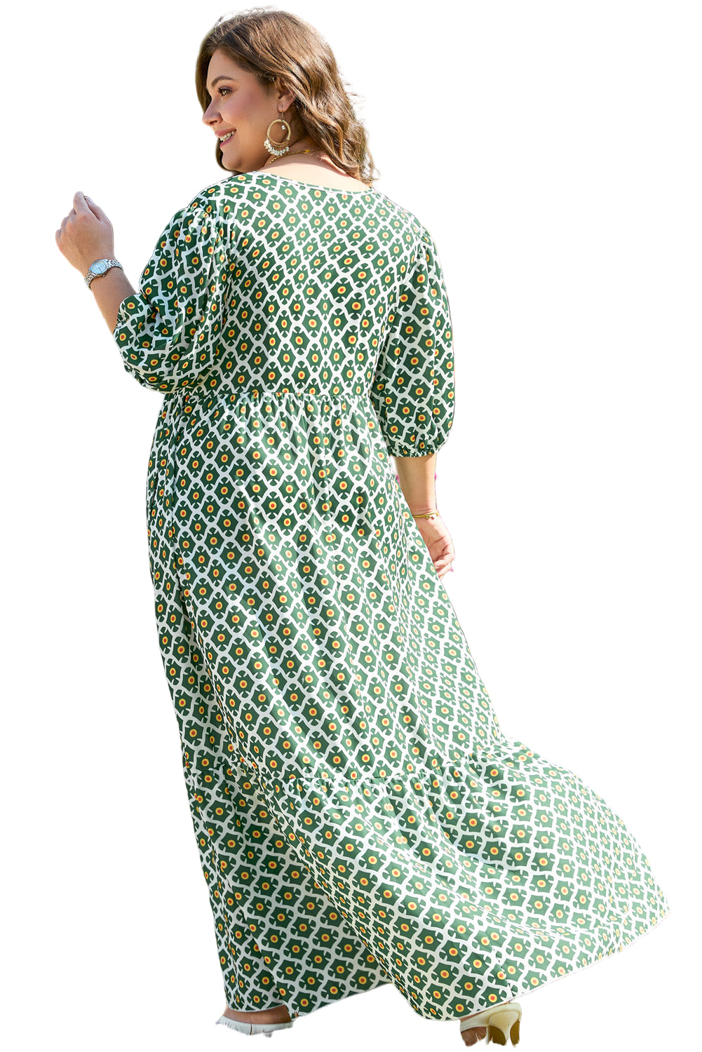 Green Geometric Floral Print Half Sleeve Plus Size Maxi Dress
