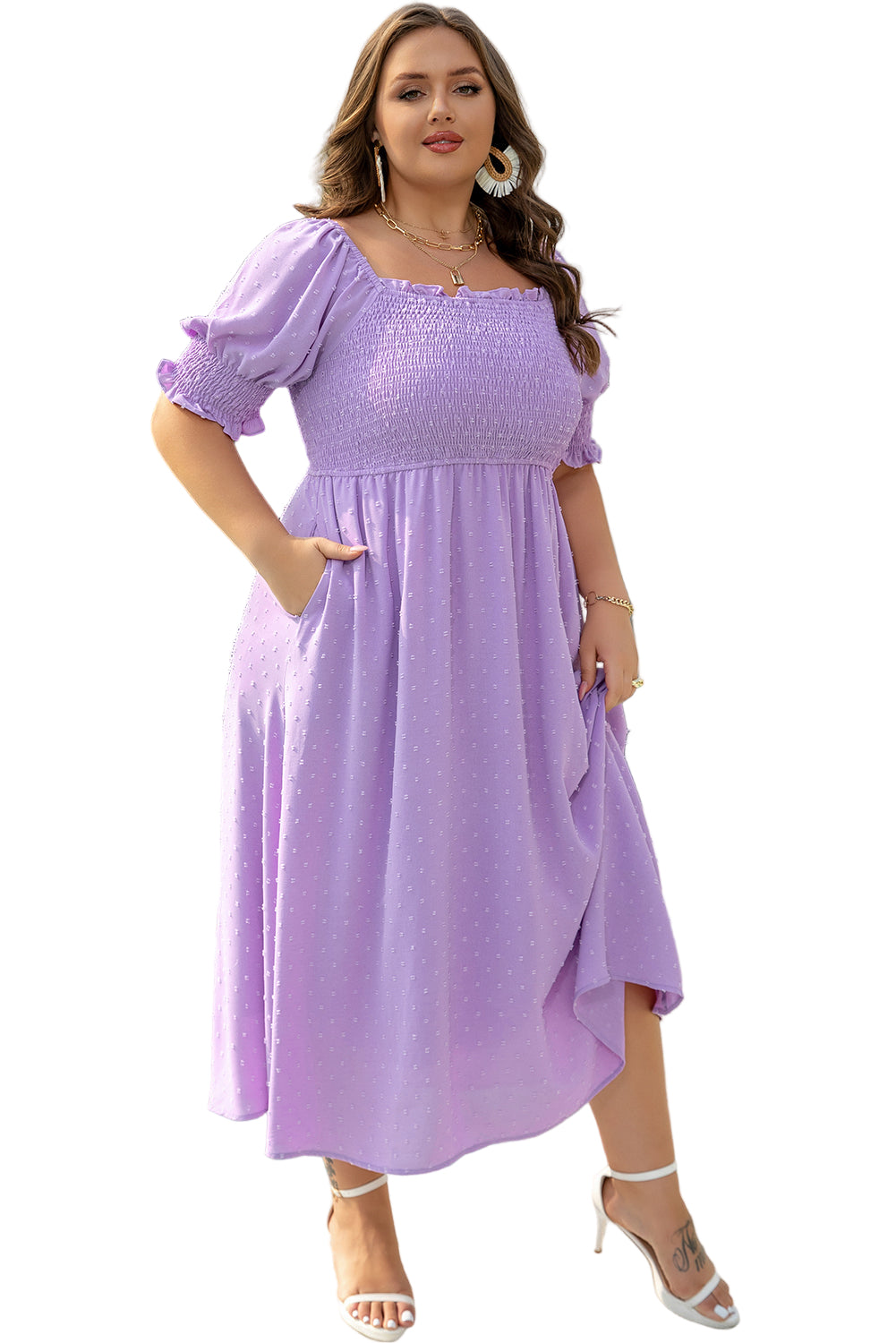 Wisteria Swiss Dot Smocked Frilled Neckline Short Sleeve Plus Size Dress