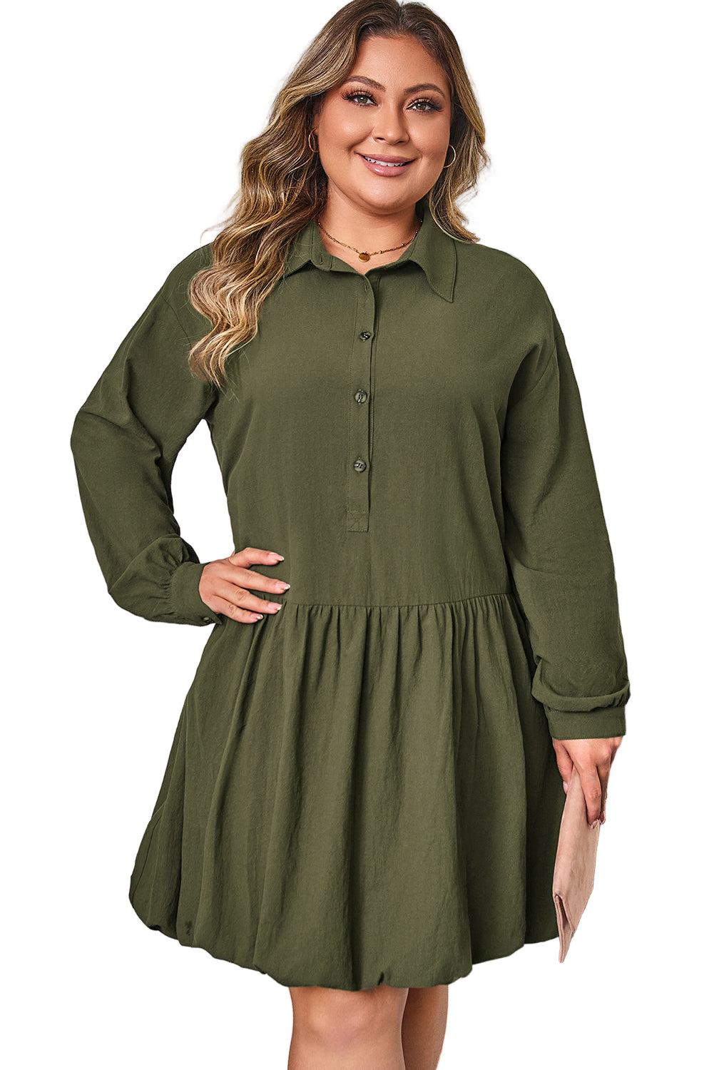 Four Leaf Clover Plus Size Collar Half Button Long Sleeve Ruffle Hem Mini Dress