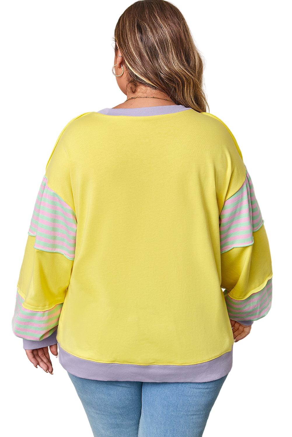 Yellow Striped Color Block Patchwork Crewneck Plus Size Pullover Sweatshirt