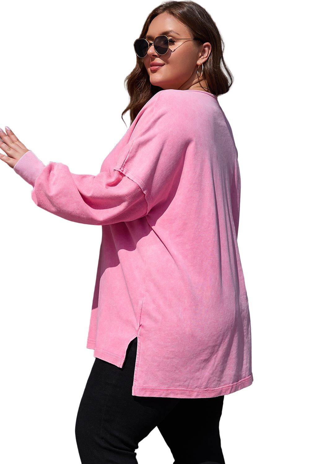Pink Plus Size Mineral Wash Drop Shoulder Round Neck Sweatshirt