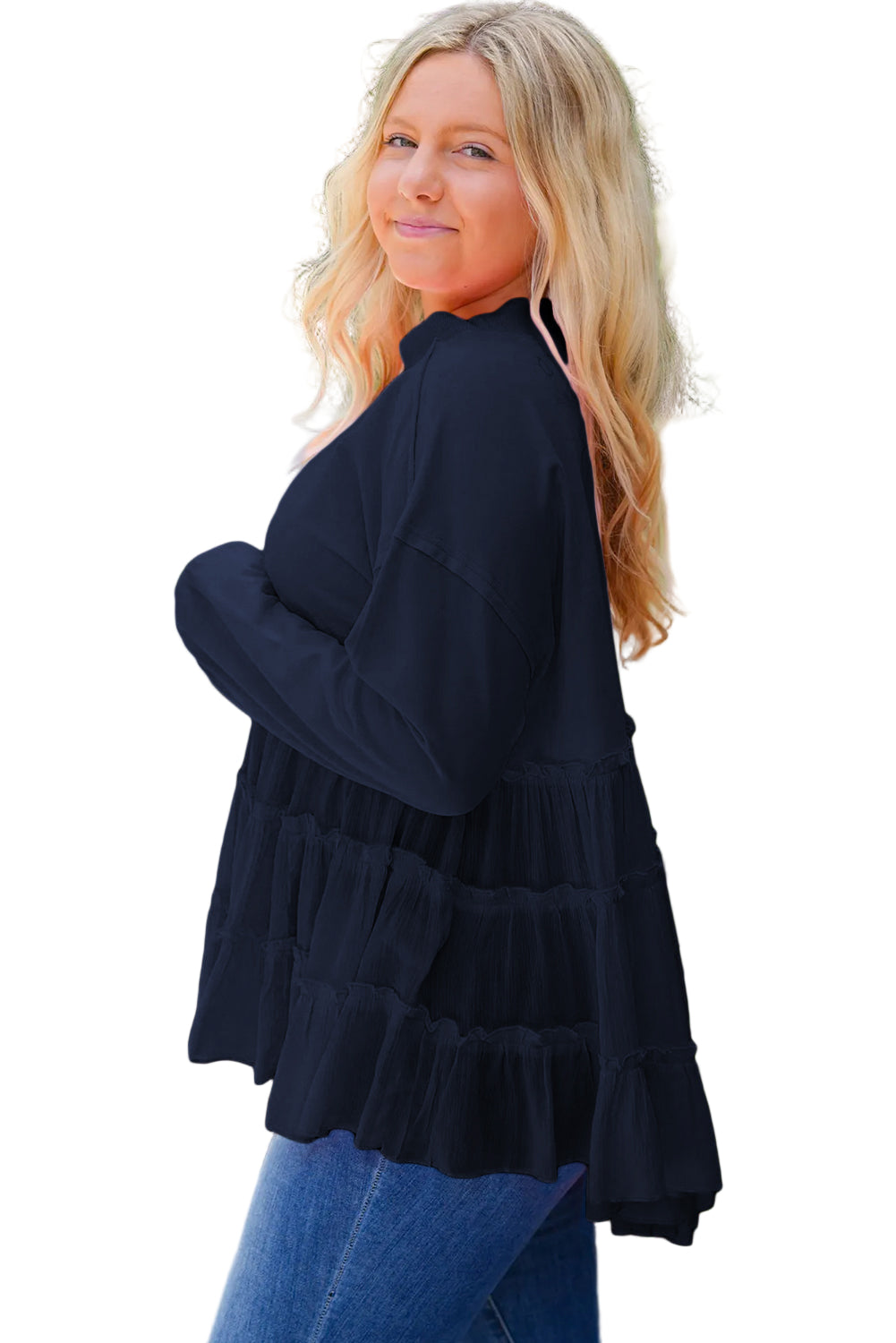 Pink Frill Tiered Patchwork Ribbed Trim Flowy Plus Size Top