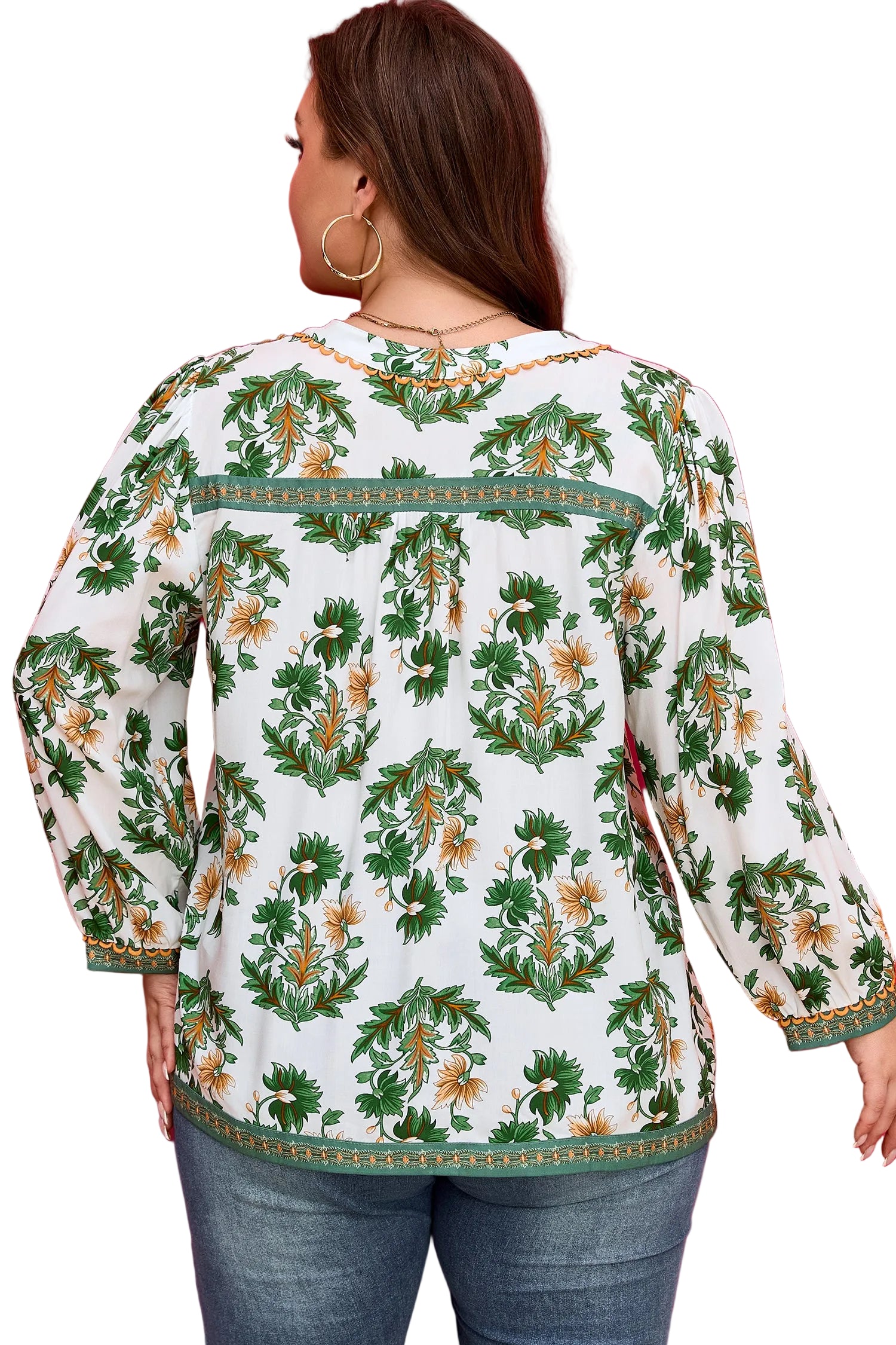 Green Plus Size Floral Printed Contrast Patchwork Detail Tassel Tie 3/4 Sleeve Blouse