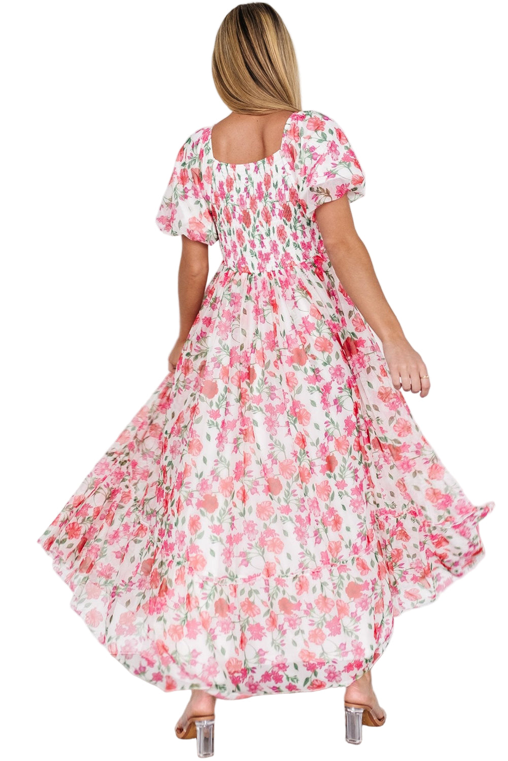 Pink Plus Size Floral Square Neck Puff Sleeve Ruffle Maxi Dress