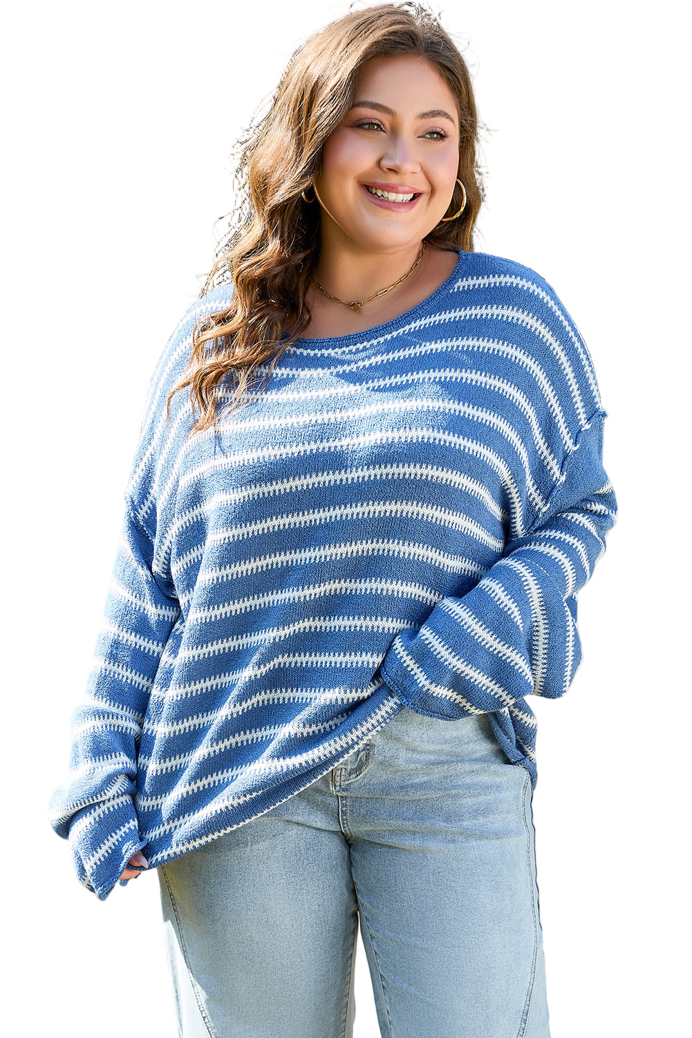 Sky Blue Stripe Drop Shoulder O Neck Plus Size Sweater