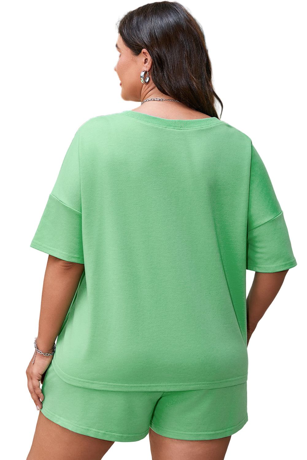 Mint Green Plus Size V Neck Tee Patched Pocket Drawstring Shorts Set